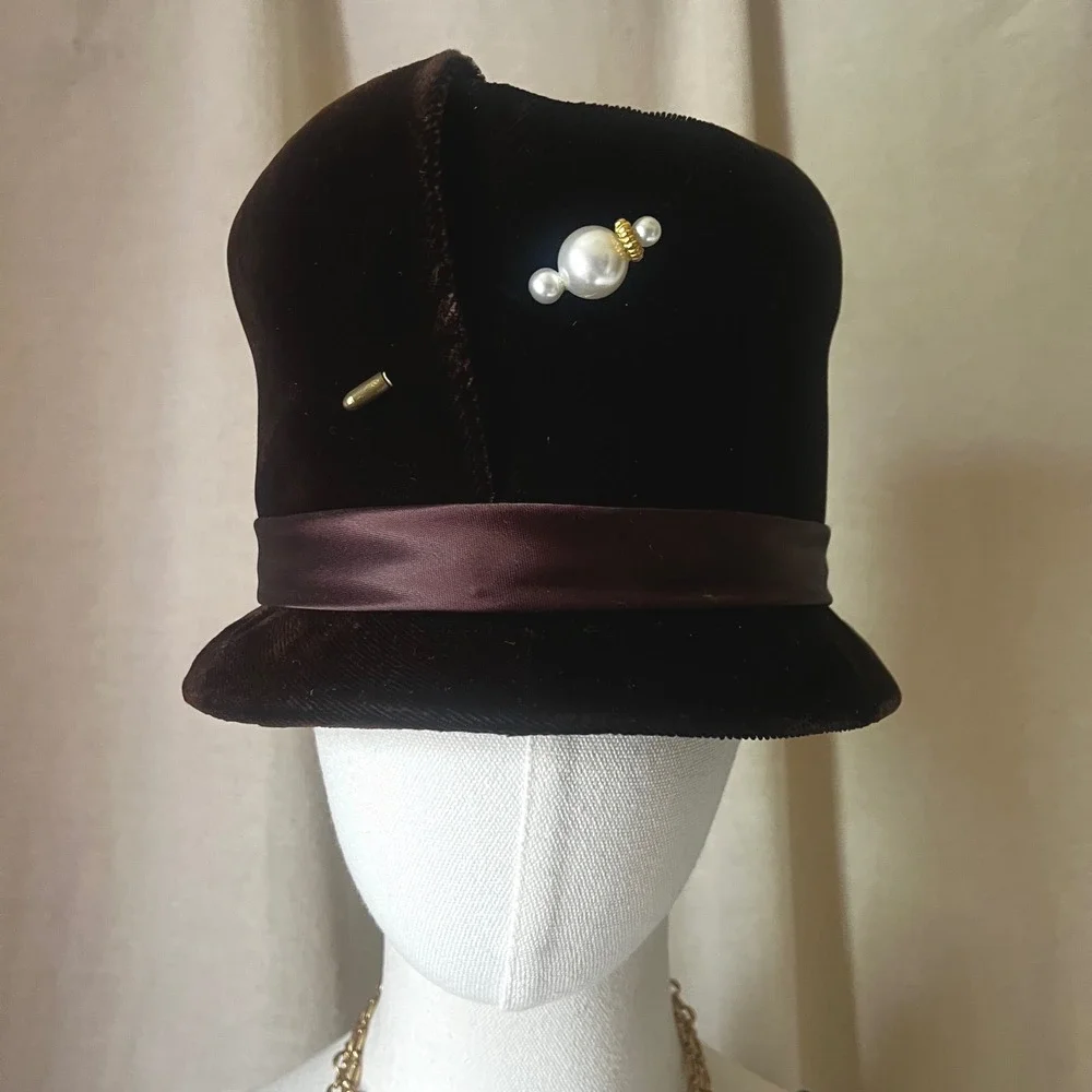Vintage 1960s Brown Velvet Pillbox Hat Pearl Stick Pin Cocktail Hat Small